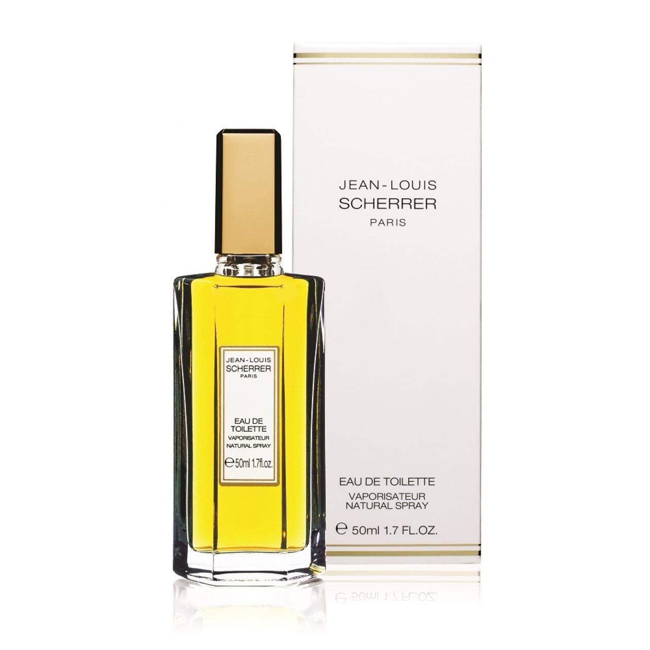 Flakon Jean-Louis Scherrer, Eau de Toilette, mit Verpackung. Goldener Verschluss, rechteckige Form, weißes Etikett.