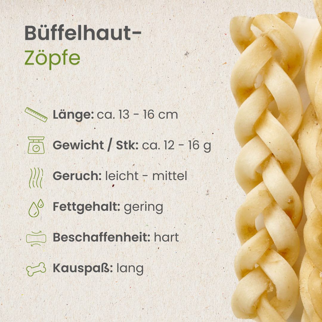 Geflochtene Büffelhaut-Zöpfe, 100% Büffelhaut, proteinreich, geringer Fettanteil.