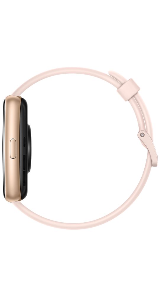 Goldfarbene Smartwatch mit pinkem Armband, zeigt Uhrzeit, Schritte und Kalorien an.