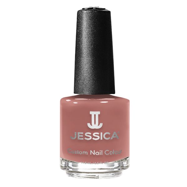 Nagellackflasche mit schwarzem Deckel. Auf dem Flaschenetikett steht "JESSICA Custom Nail Colour".