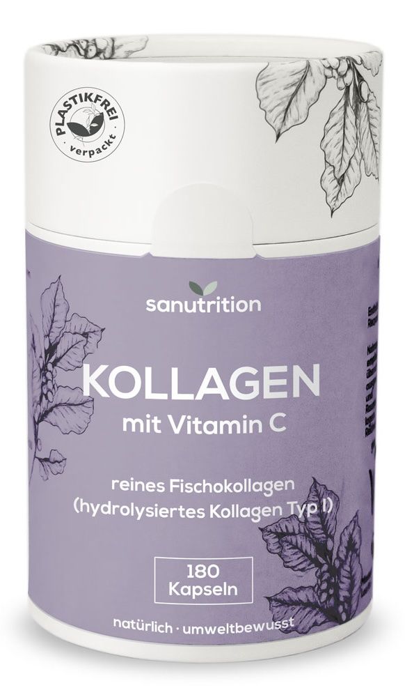 Zylindrische Dose mit Sanutrition Kollagen. Aufschrift: Kollagen mit Vitamin C, 180 Kapseln. Plastikfrei verpackt.