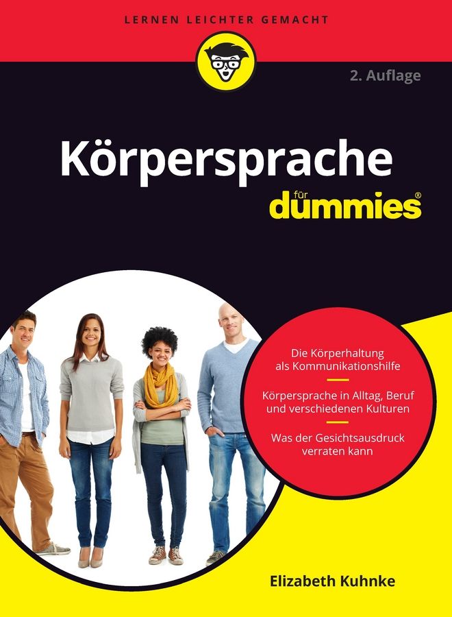 Buchcover: Körpersprache für Dummies. Titel in Großbuchstaben. Personen stehen vor gelb-schwarzem Hintergrund. Autorin: Elizabeth Kuhnke.