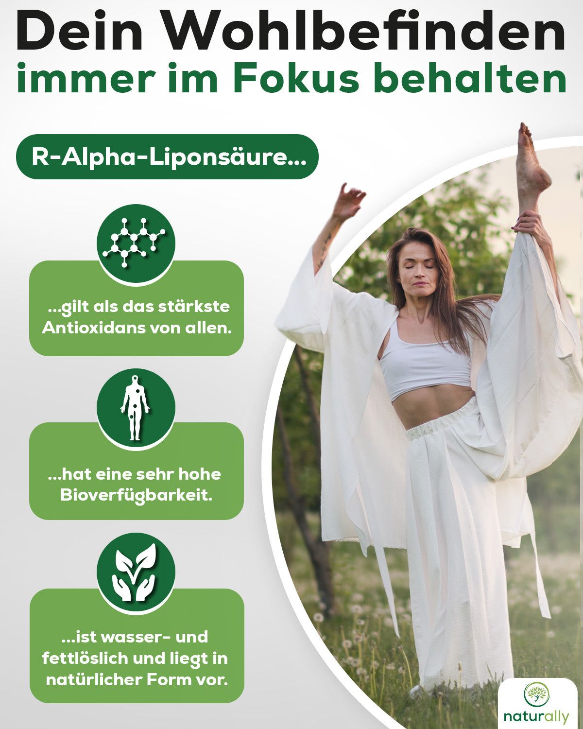 Werbebild mit Frau beim Yoga. Text: R-Alpha-Liponsäure, gilt als stärkstes Antioxidans, hohe Bioverfügbarkeit.