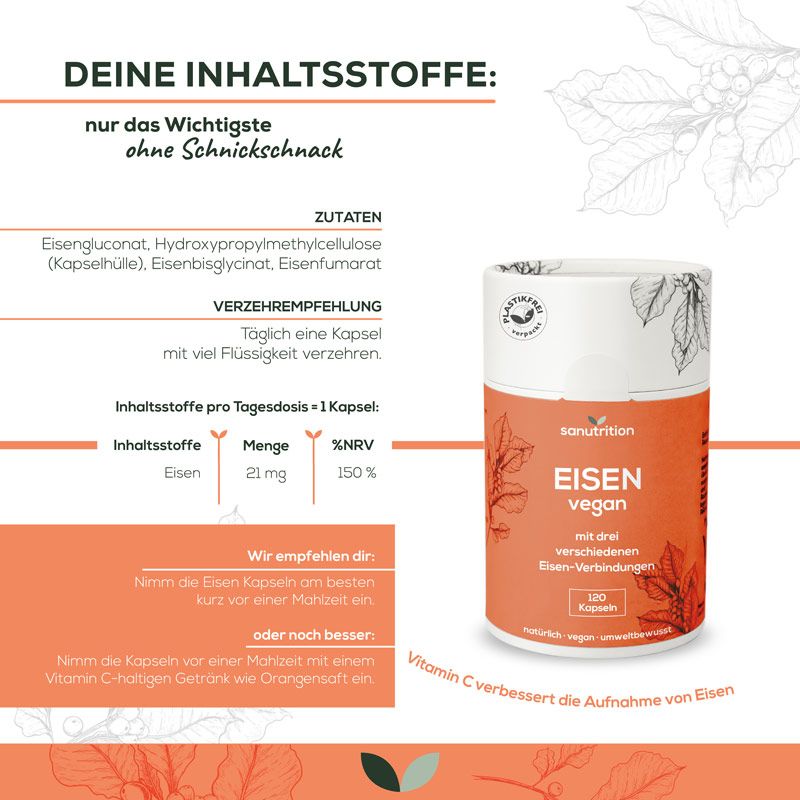 Infografik. Sanutrition®-Dose neben Text. Aufschrift: EISEN vegan, 120 Kapseln. Inhaltsstoffe: Eisen, 21 mg. Verzehrempfehlung: 1 Kapsel.