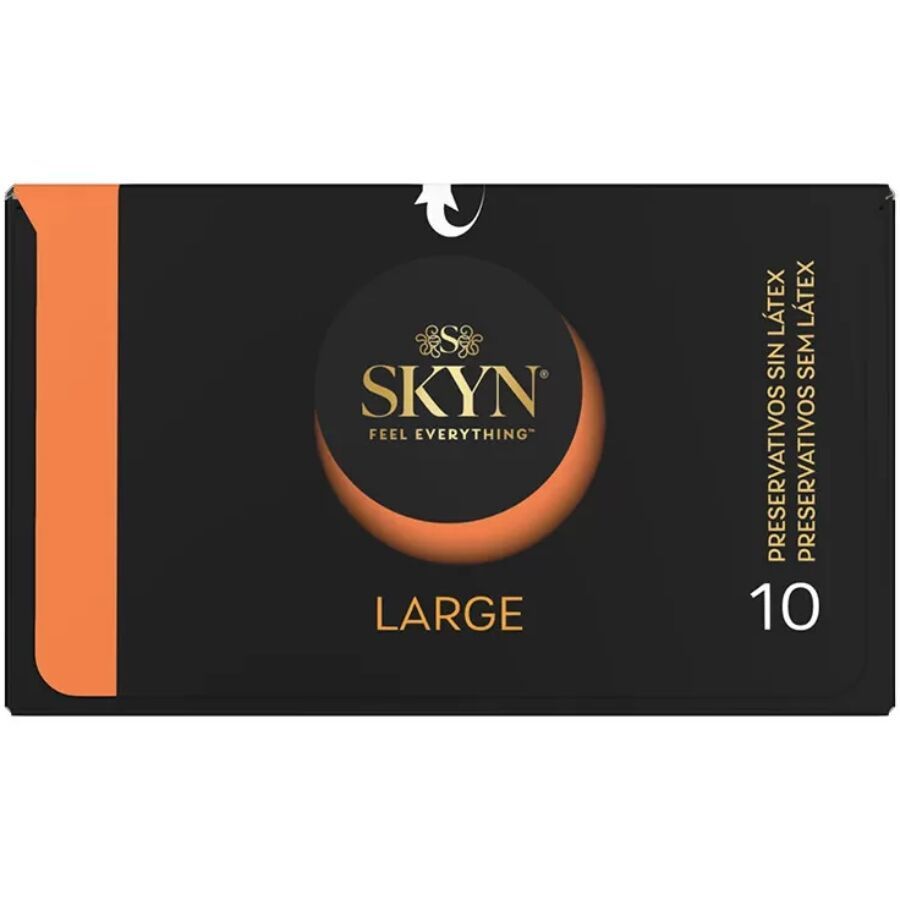 Schwarze Verpackung mit orangefarbenen Akzenten. Aufschrift "SKYN" und "LARGE". Enthält 10 Kondome. Text: "PRESERVATIVOS SIN LÁTEX".