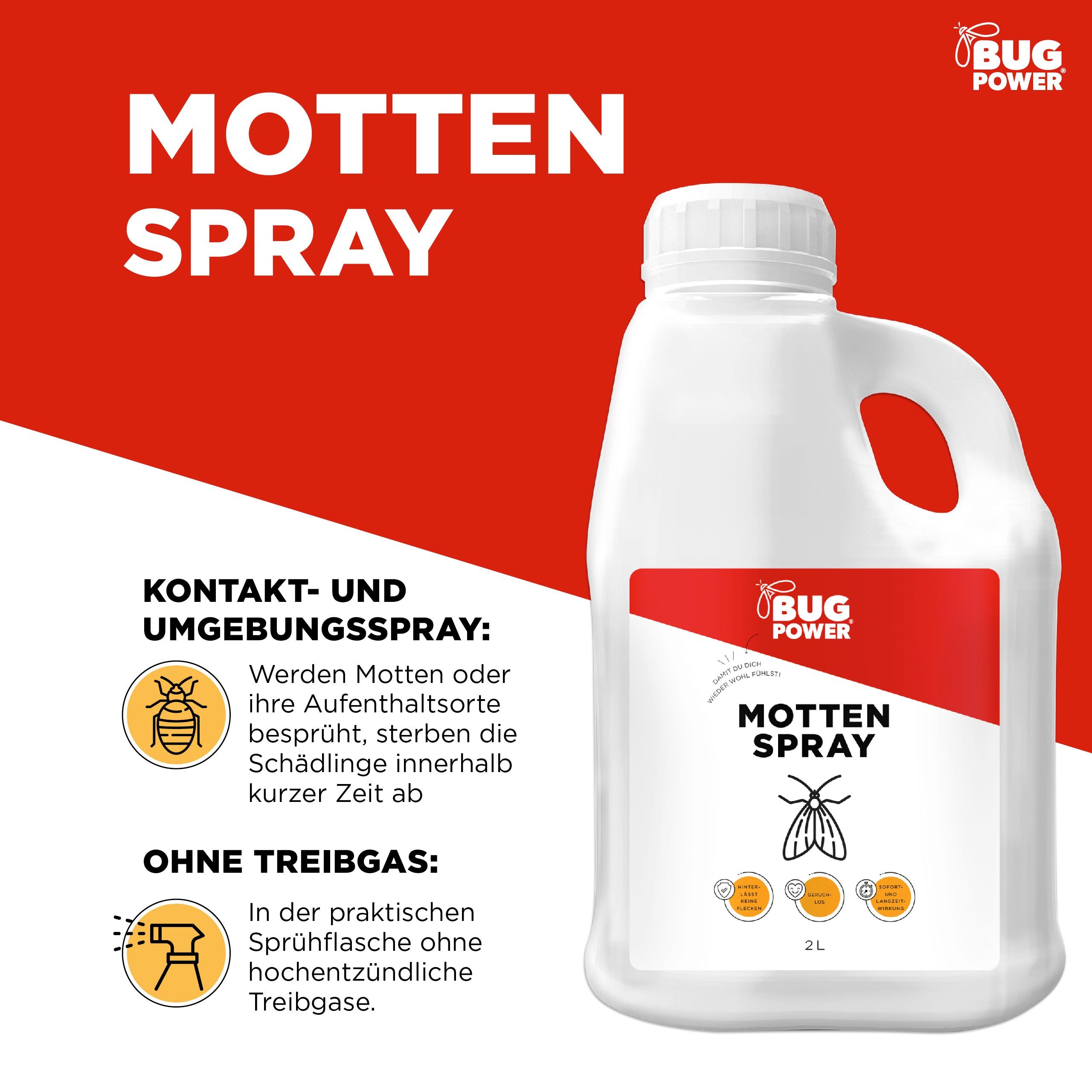Rote Hintergrund mit weißer Flasche. Aufschrift: MOTTTEN SPRAY. Logo: BUG POWER. 2L. Text: Kontakt- und Umgebungsspray, ohne Treibgas.