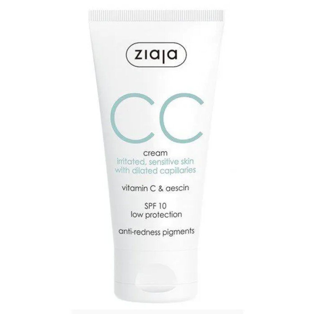 Weiße Tube mit grünem Aufdruck. Text: Ziaja, CC cream, irritated, sensitive skin, vitamin C & aescin, SPF 10, anti-redness pigments.