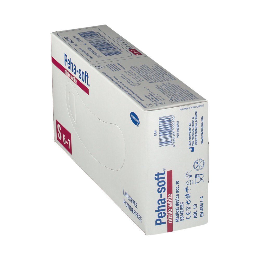 Weiße Box mit Peha-soft Nitril-Handschuhen. Größe S 6-7. Latex- und puderfrei. Medizinprodukt.