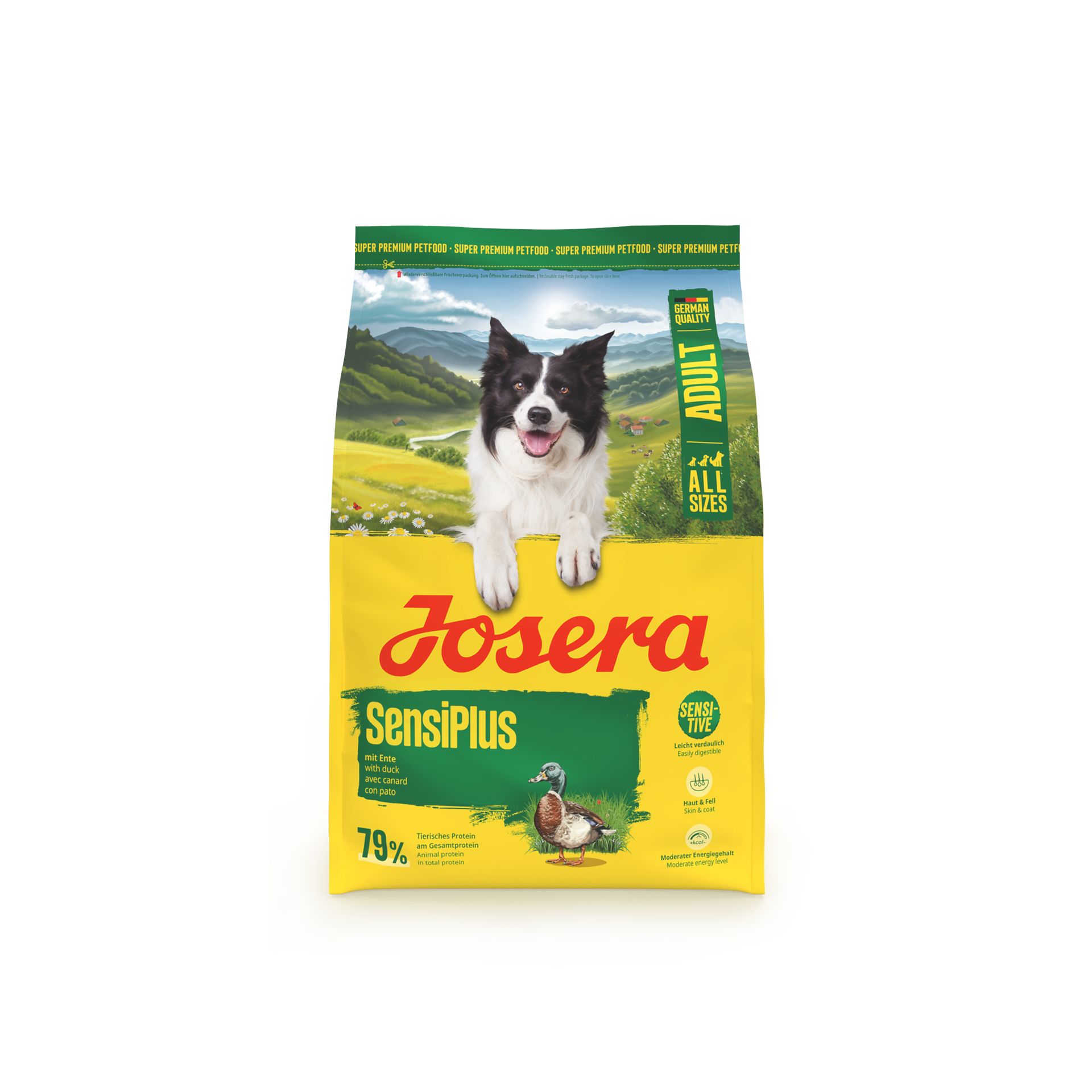 Josera SensiPlus Hundefutter: Gelbe Packung mit Hund und Ente, für erwachsene Hunde aller Größen.