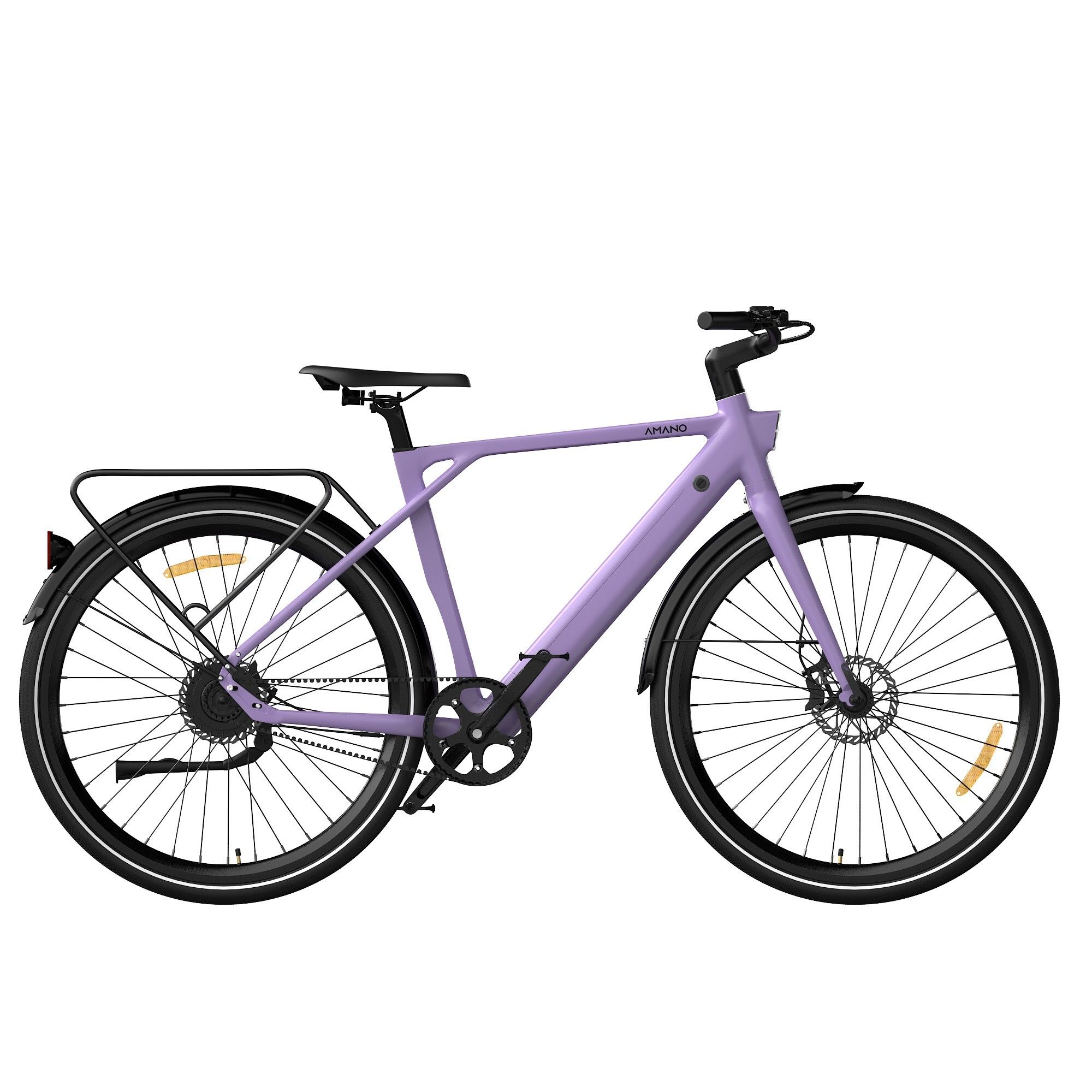 Lila E-Bike mit schwarzem Rahmen und Reifen. Gepäckträger hinten. Marke AMANO.