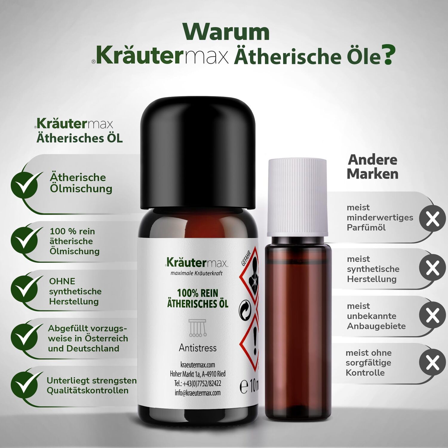 Zwei Flaschen ätherisches Öl. Eine mit schwarzem Deckel, die andere mit weißem. Text: Kräutermax, 100% reines ätherisches Öl.