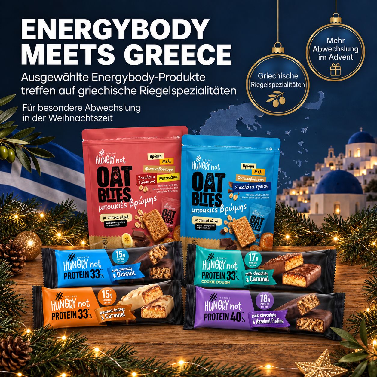 Energybody-Produkte mit griechischen Riegel-Spezialitäten für die Weihnachtszeit.