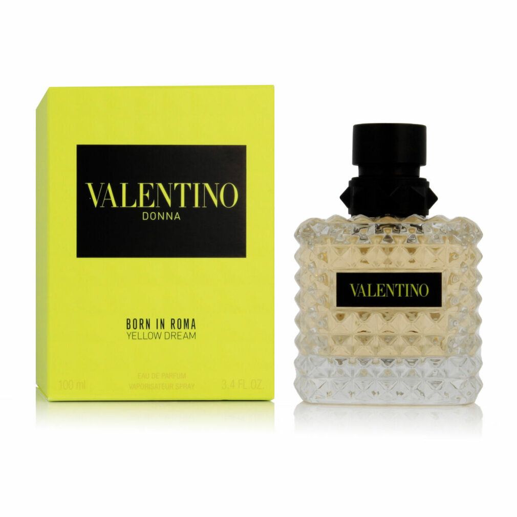 Gelbe Verpackung mit schwarzem Rechteck und VALENTINO DONNA Schriftzug. Born in Roma Yellow Dream ist darunter zu lesen.