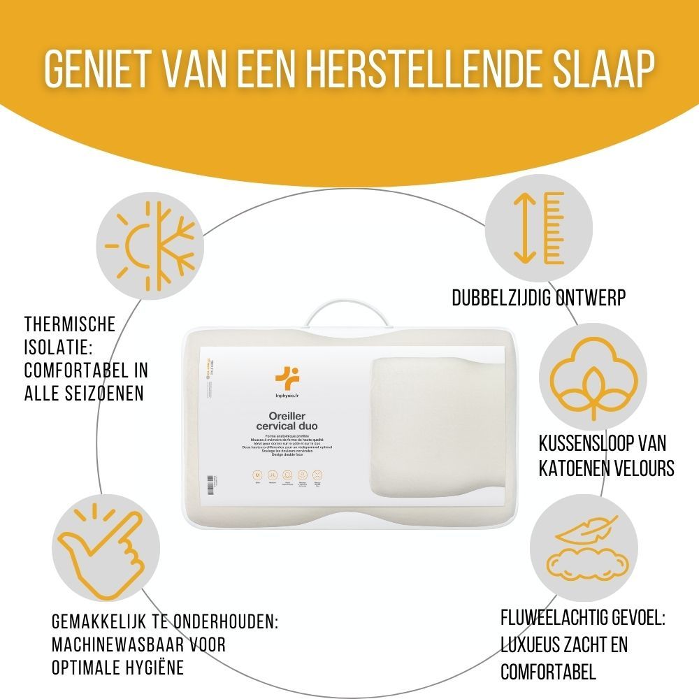 Reclamebeeld: vrouw slaapt op rug met kussen. Tekst.
