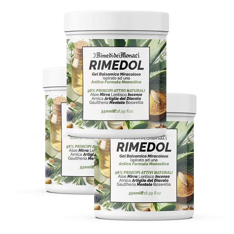 Drei weiße Behälter mit dem Produktnamen RIMEDOL. Aufschrift: Gel Balsamico Miracoloso. 98% Wirkstoffe. Aloe, Myrrhe, Weihrauch, Arnika, Teufelskralle, Gaultheria, Menthol, Boswellia.