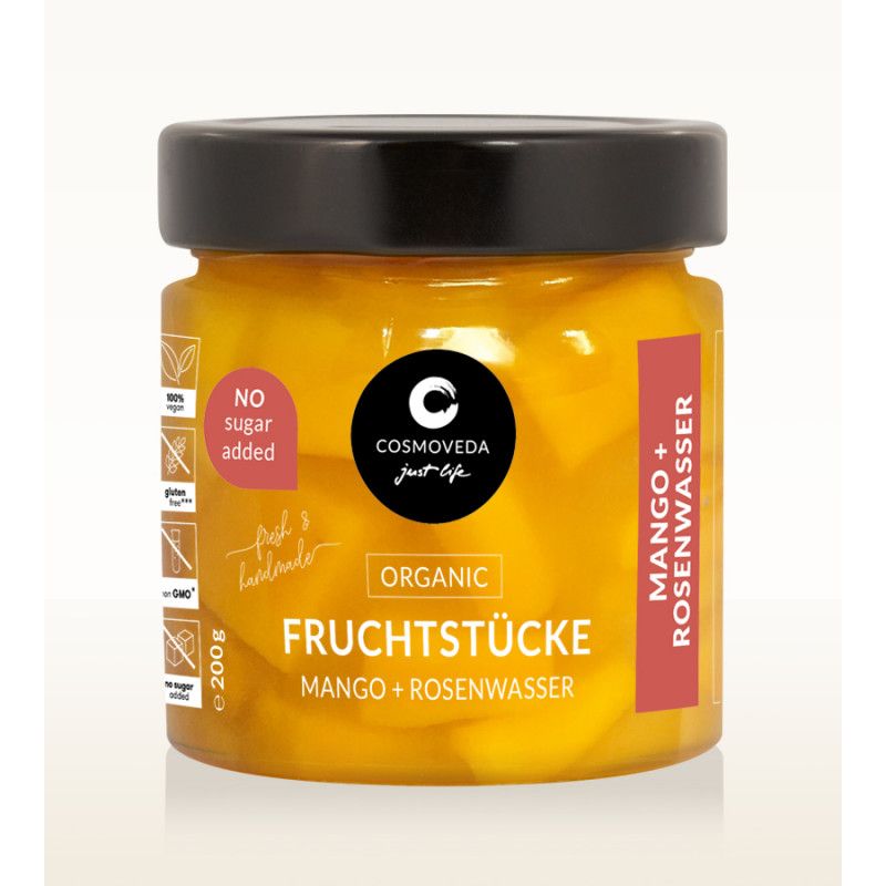 Glas mit Fruchtstücken. Aufschrift: Mango + Rosenwasser, Cosmoveda, Bio, ohne Zuckerzusatz. Inhalt: 200g.