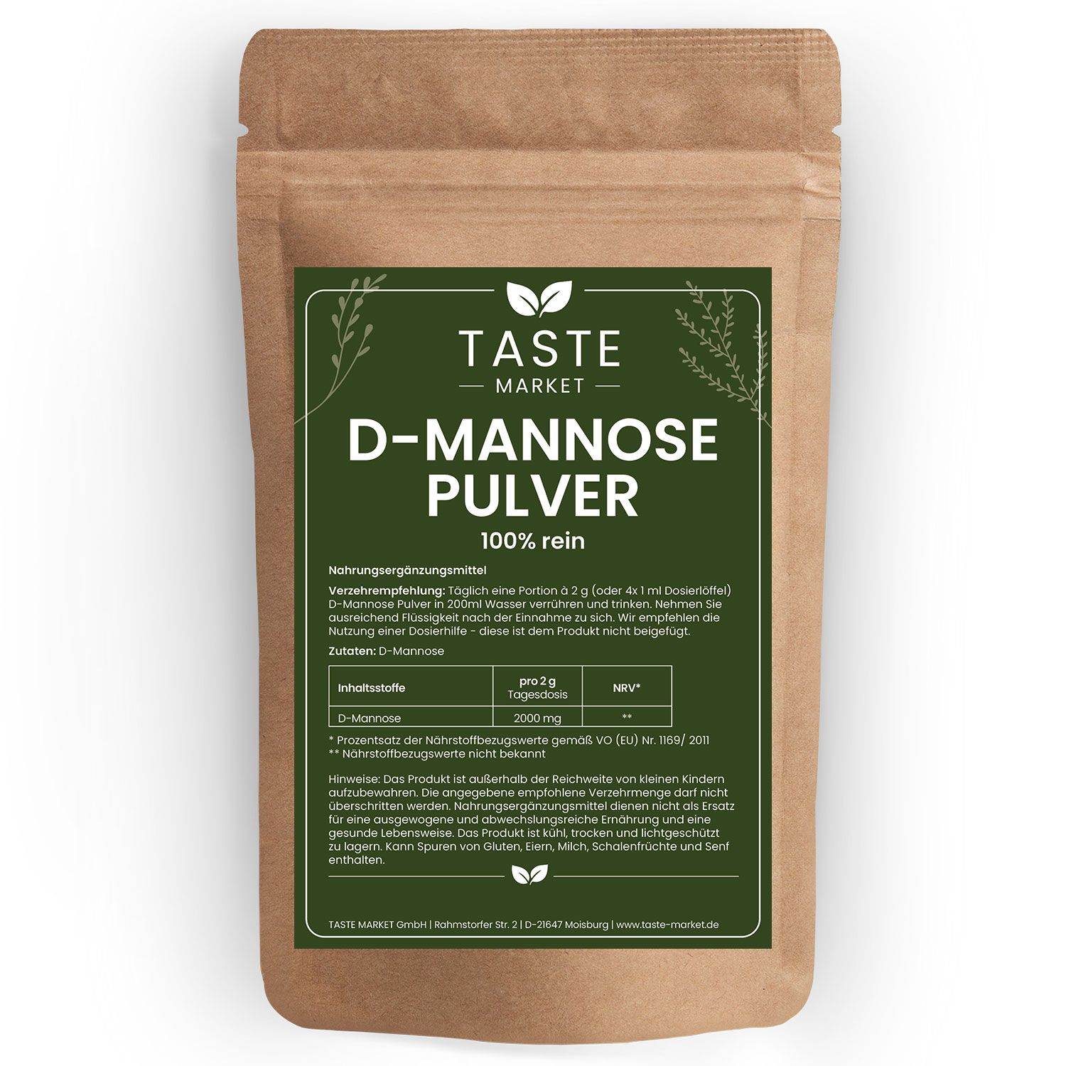 Braune Papiertüte mit D-Mannose Pulver, 100% rein. Grüne Etikett mit Produktinformationen.