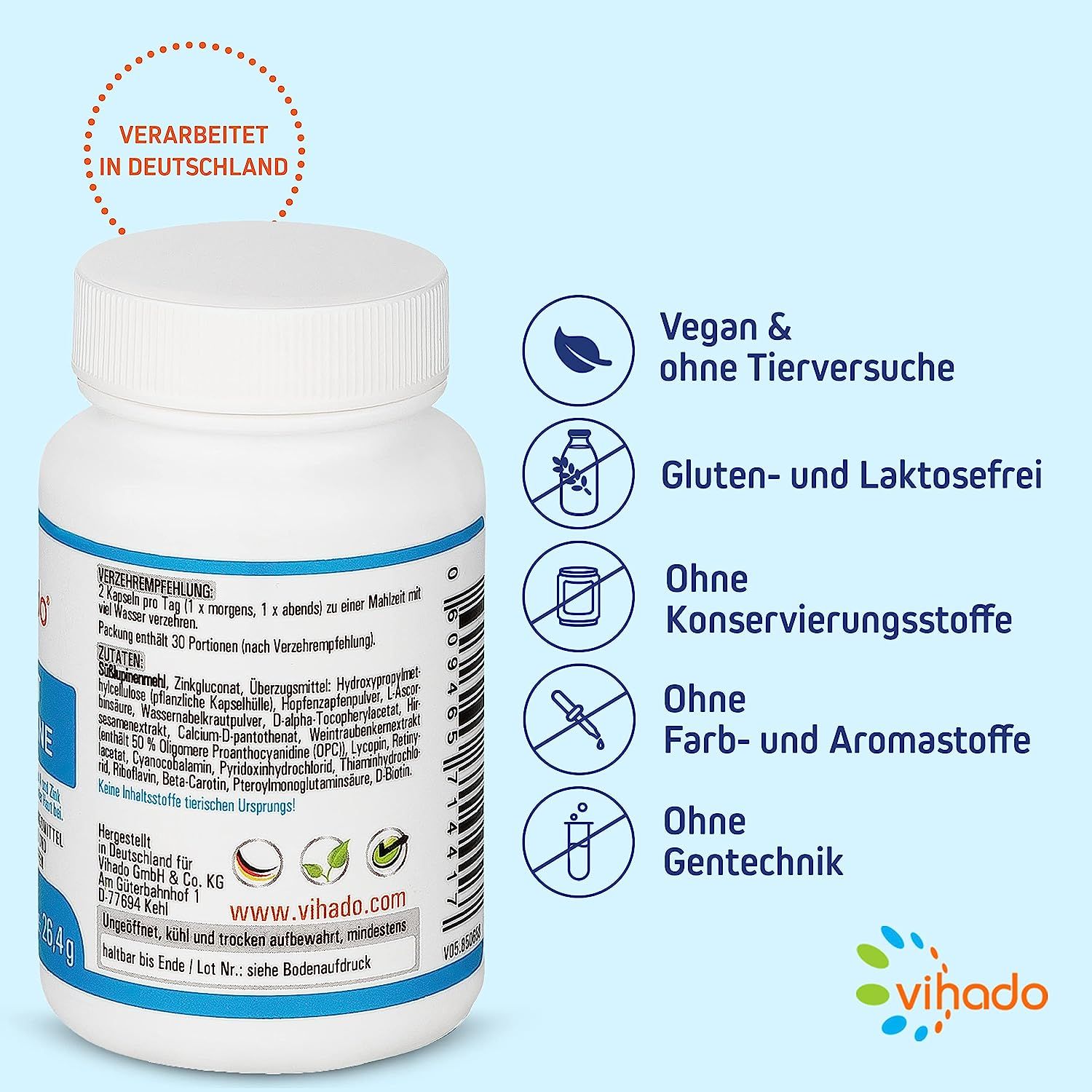 Rückseite einer weißen Flasche Vihado Haut Vitamine. Auf der Flasche sind Informationen über die Inhaltsstoffe und die Herstellung in Deutschland angegeben. Es gibt auch Symbole für vegan, gluten- und laktosefrei, ohne Konservierungsstoffe, Farb- und Aromastoffe und Gentechnik.