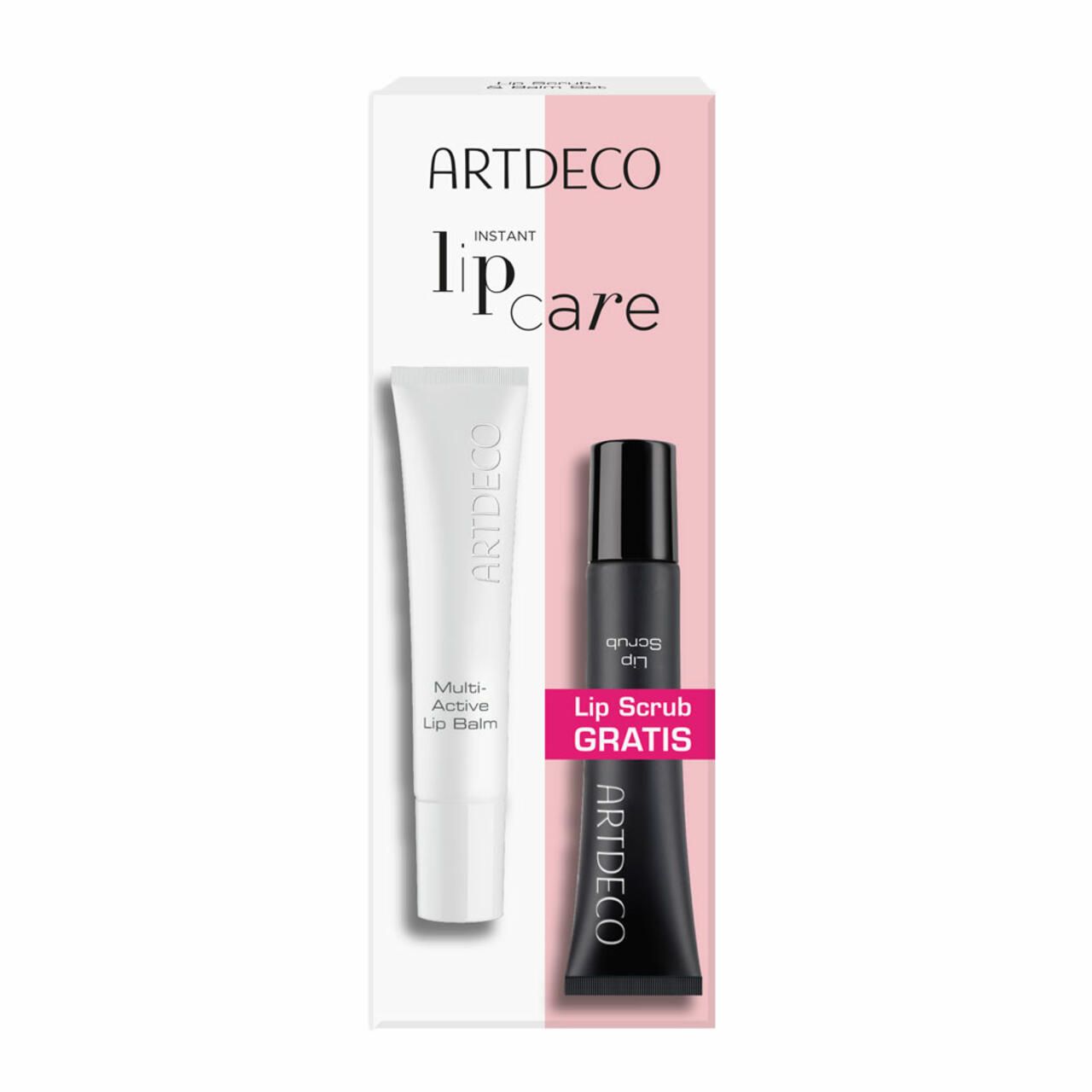 Artdeco Lip Care Set. Enthält Multi-Active Lip Balm und Lip Scrub. Verpackung mit Produktnamen und Logo. Schwarze und weiße Tuben.
