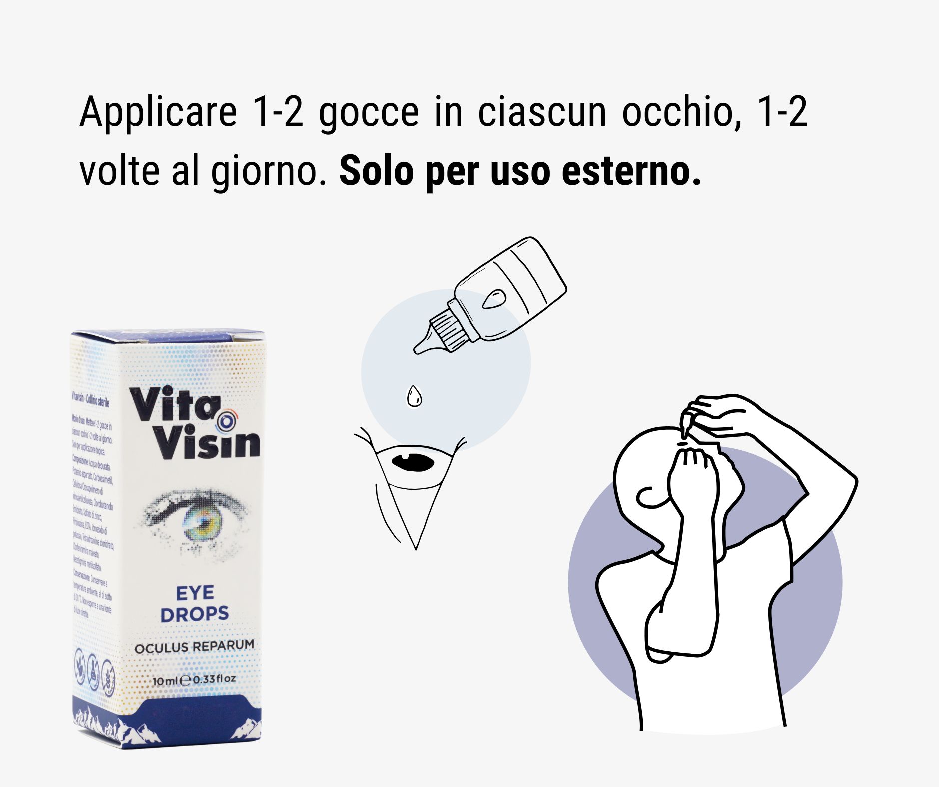 Illustrazione dell'applicazione di collirio. Goccia nell'occhio. Persona tiene l'occhio aperto.
