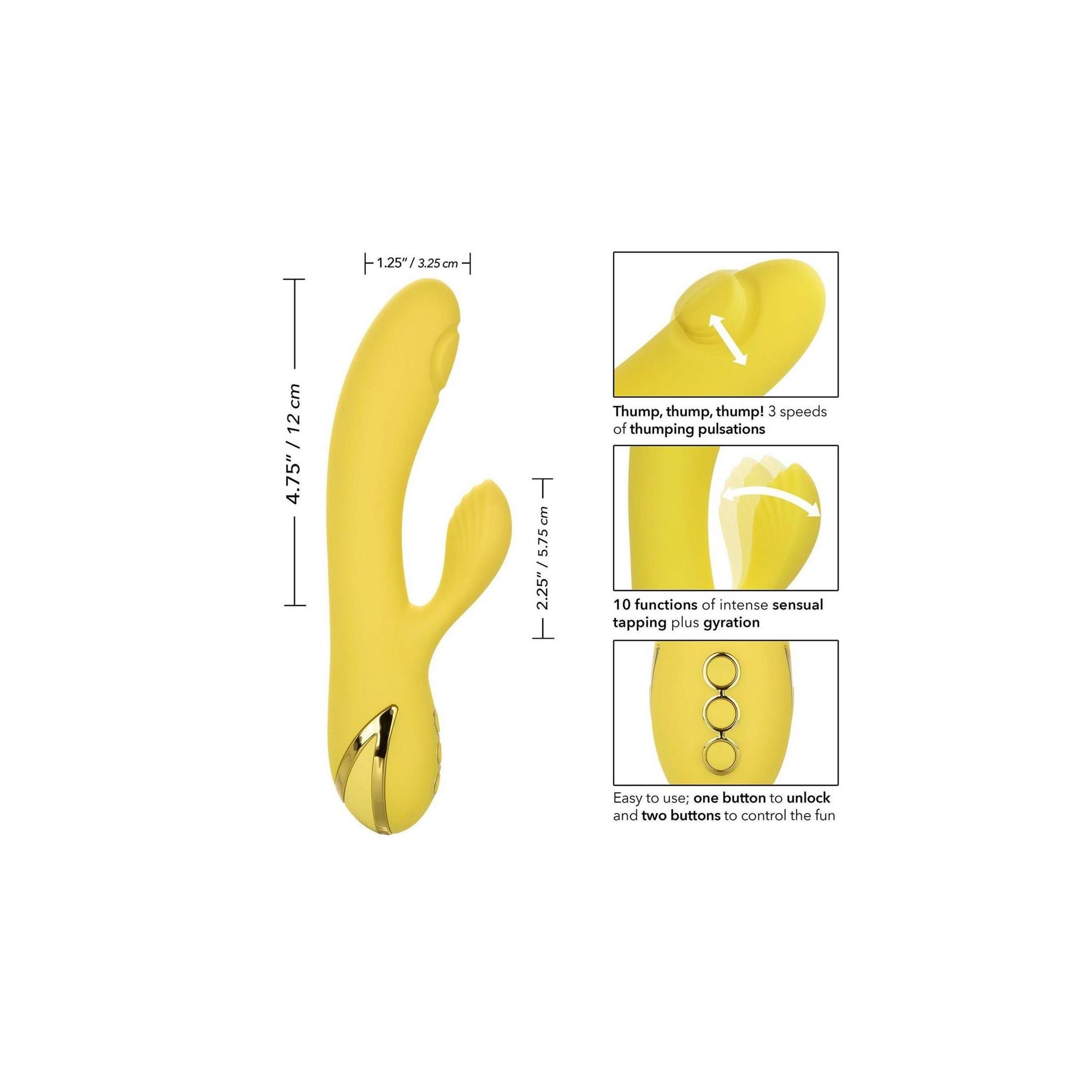 Gelbes Wellness-Produkt mit Maßen. 12 cm hoch, 5,75 cm breit. Zusätzliche Grafiken mit Funktionen.