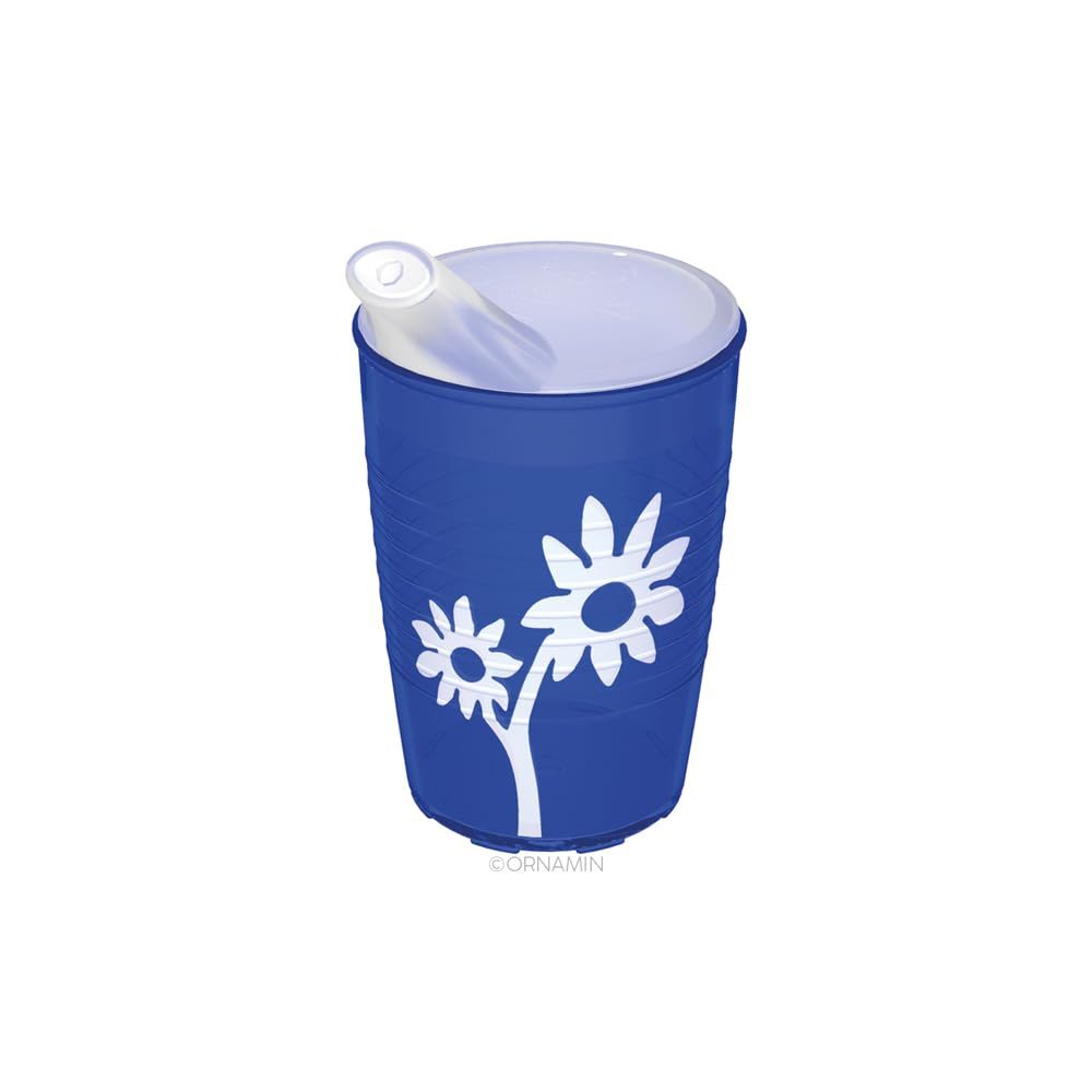 Blauer ORNAMIN Becher mit Blumen-Dekor und weißem Schnabeldeckel mit kleiner Öffnung.