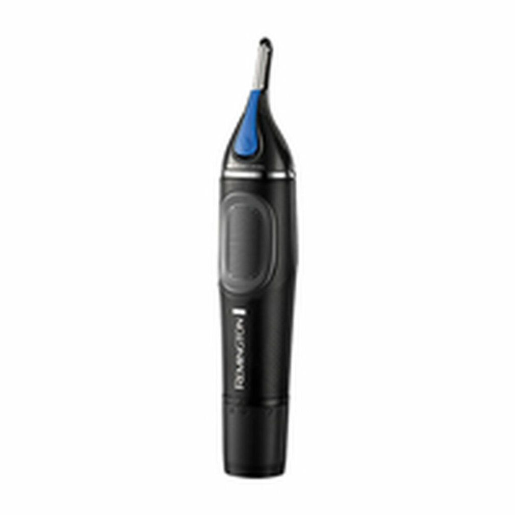 Schwarzer Nasen- und Ohrenhaartrimmer mit blauem Akzent. Remington-Logo sichtbar.