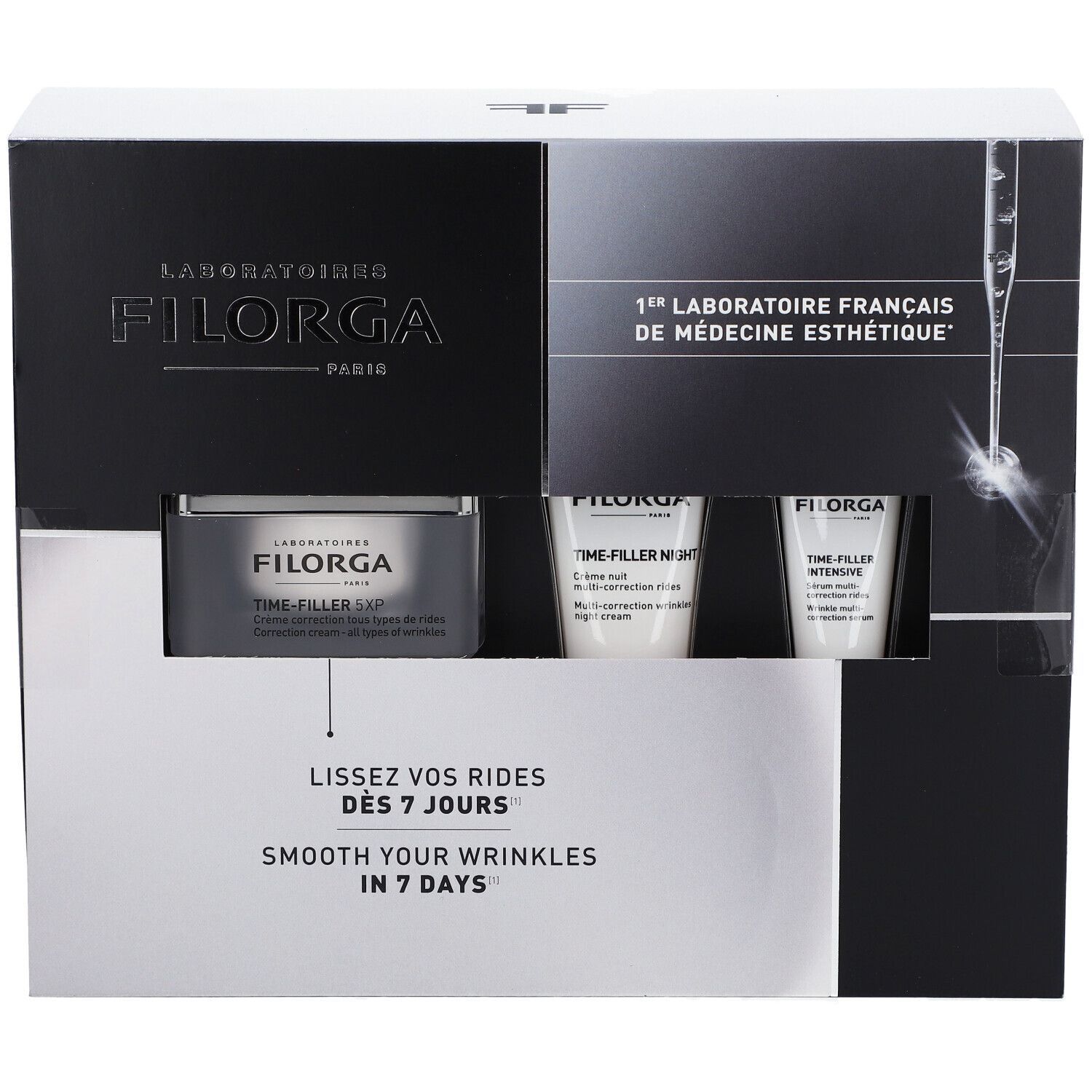 Coffret cosmétique avec pot et tubes. Design noir et blanc. Texte : "Lissez vos rides dès 7 jours" et "Smooth your wrinkles in 7 days".