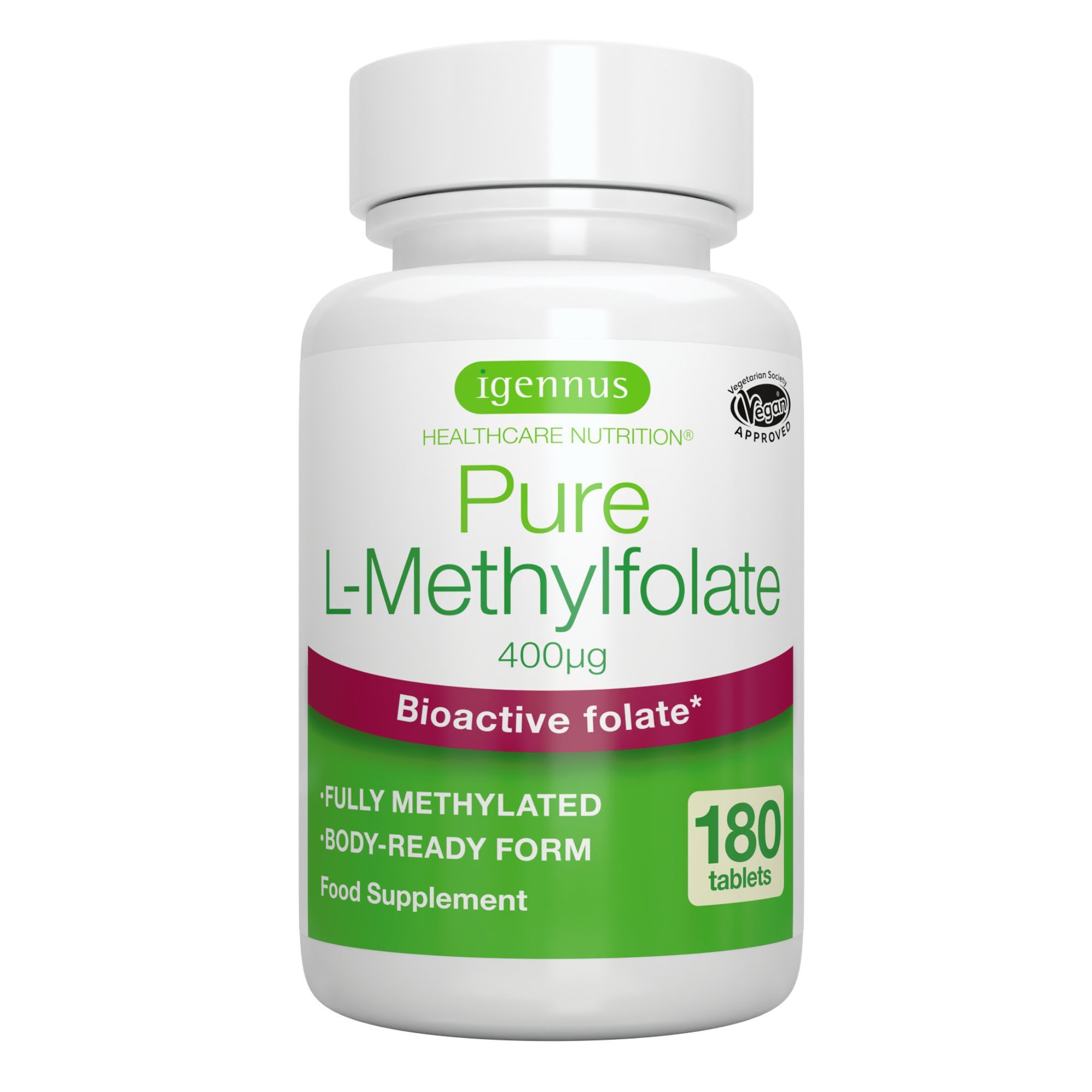 Flasche Igennus Pure L-Methylfolate 400mcg, 180 Tabletten, Bioaktives Folat.