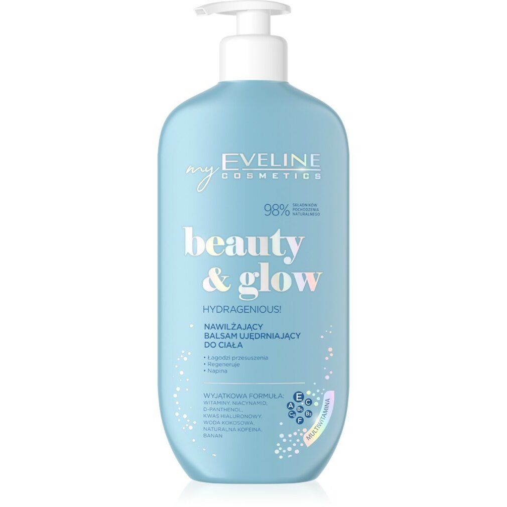 Hellblaue Flasche mit Pumpe. Aufschrift: Eveline Cosmetics, beauty & glow, Hydragenious. Text in polnischer Sprache.