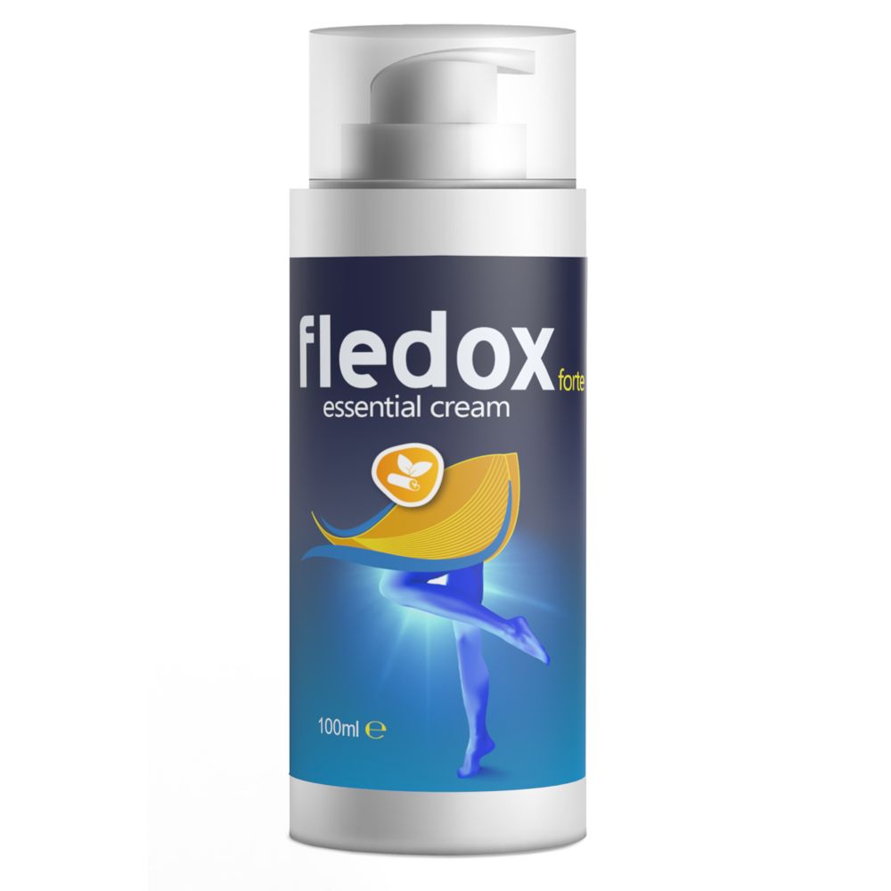Flasche mit Creme. Aufschrift: fledox essential cream forte. Abbildung von Beinen. Volumen: 100ml.