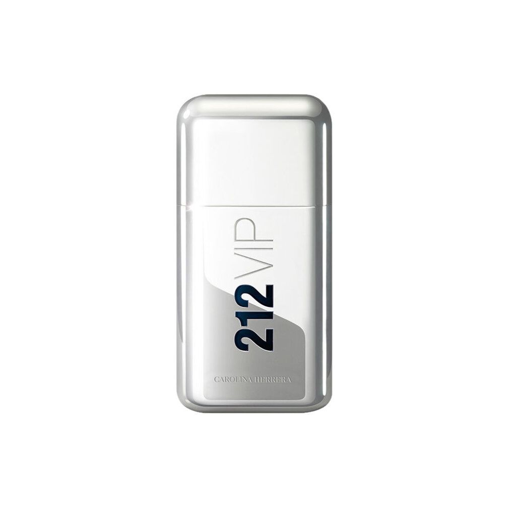 Silberfarbener Flakon mit 212 VIP-Schriftzug. Carolina Herrera ist am Boden sichtbar.