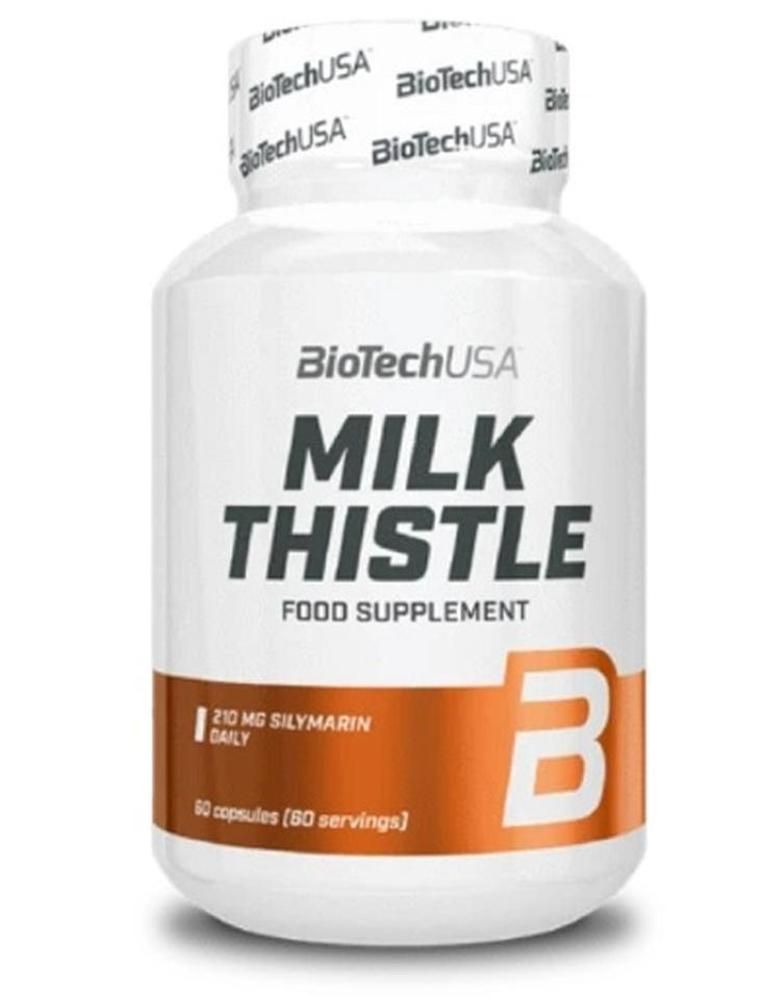 Weiße Flasche mit "BioTechUSA Milk Thistle". Orangefarbener Streifen mit Text. Enthält 60 Kapseln. "210 MG SILYMARIN DAILY".