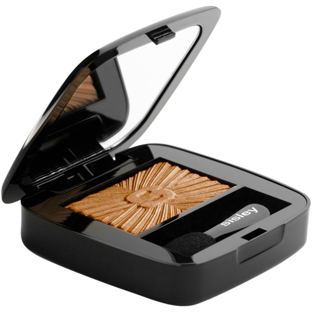 Offene, schwarze Sisley Lidschatten-Kompaktpuder-Dose mit Spiegel, Applikator und goldfarbenem Lidschatten.