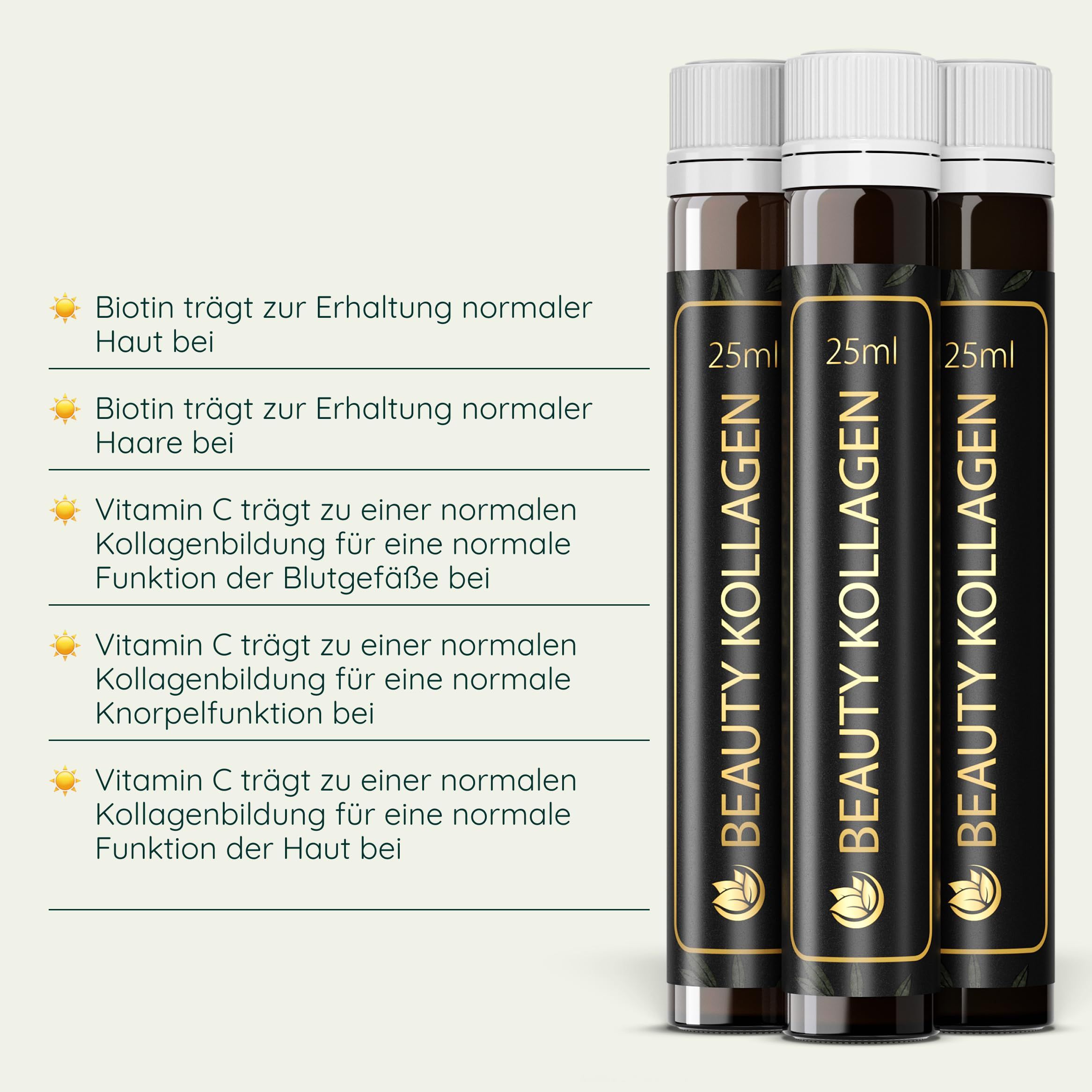 Drei Trinkampullen Luondu Beauty Kollagen. Text: Beauty Kollagen. Enthält 25ml.