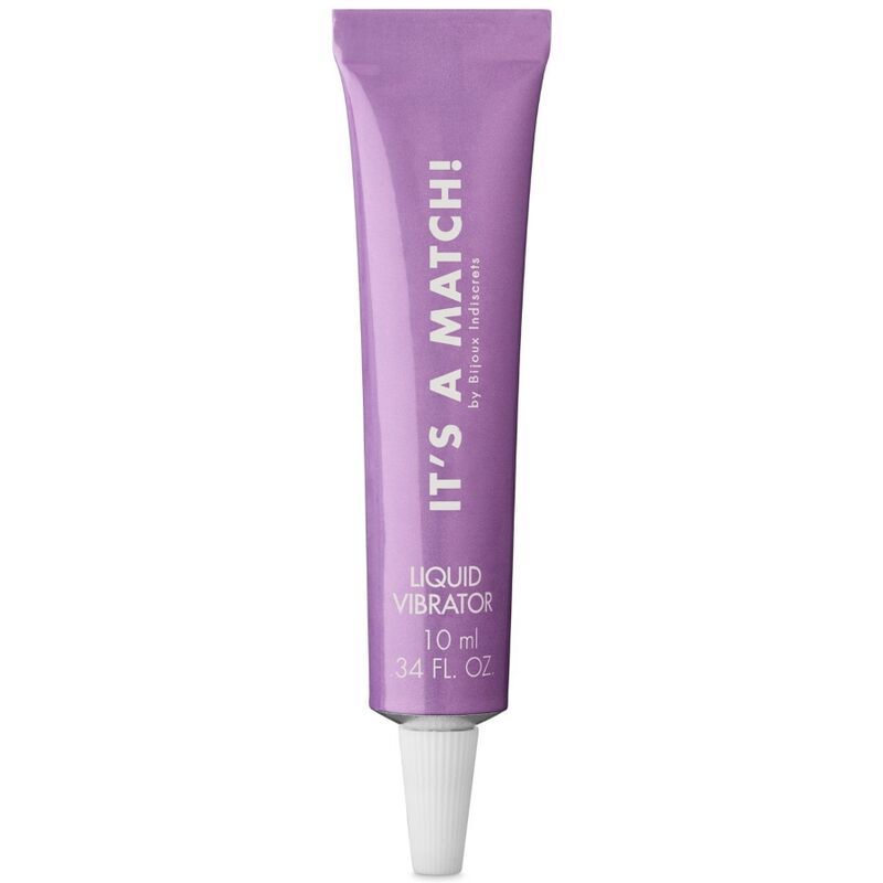 Lila Tube mit weißer Spitze. Aufschrift: IT'S A MATCH! Liquid Vibrator, 10 ml, 0.34 FL OZ.