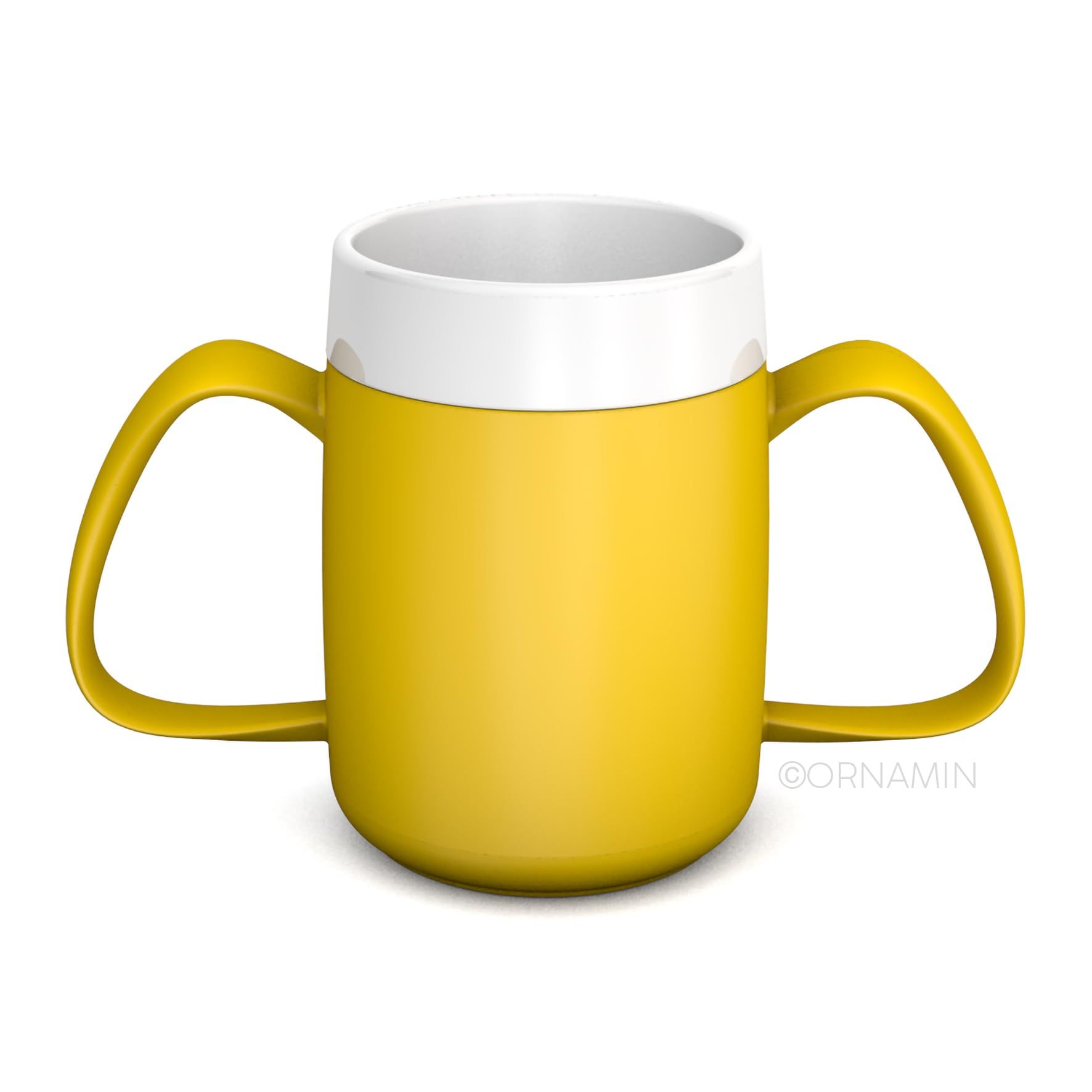 Gelber Becher mit zwei Henkeln und weißem Rand. Produkt von ORNAMIN.
