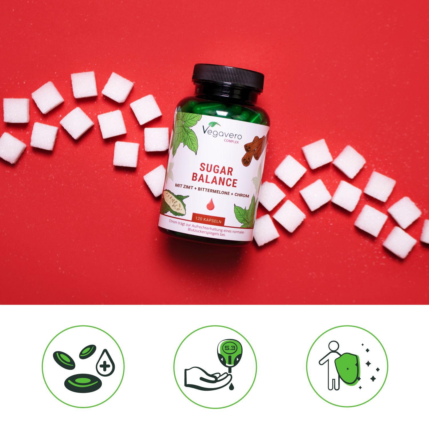 Rote Grafik mit Flasche Sugar Balance. Text: 3 standardisierte Pflanzenextrakte, ohne Zusatzstoffe, vegan.