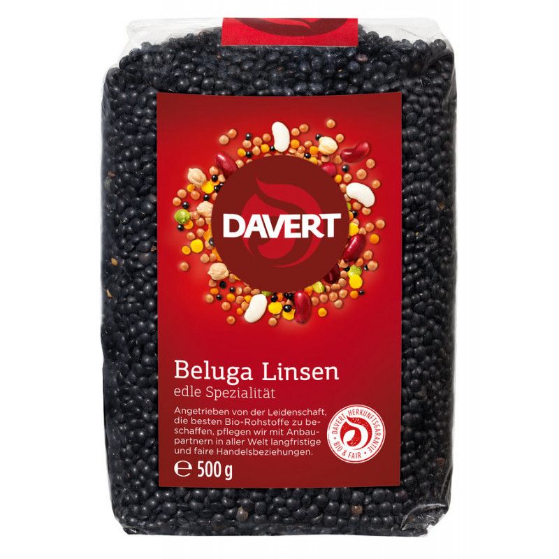 Verpackung mit schwarzen Beluga-Linsen. Rotes Etikett mit "DAVERT"-Logo und Text. Bio- und Fairtrade-Siegel.