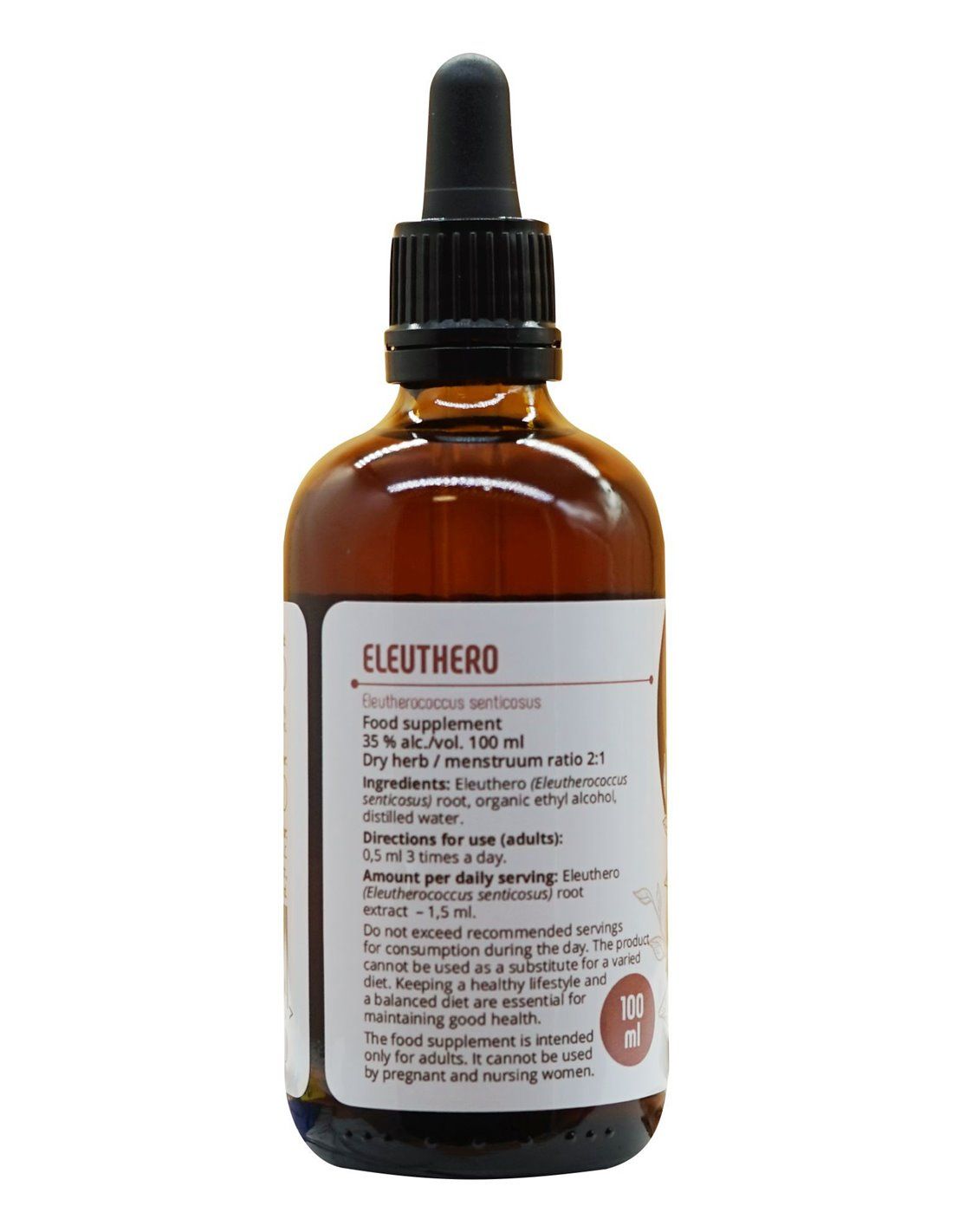 Rückseite einer braunen Glasflasche mit Tropfer. Etikett mit Produktinformationen und Text. Volumen: 100 ml.