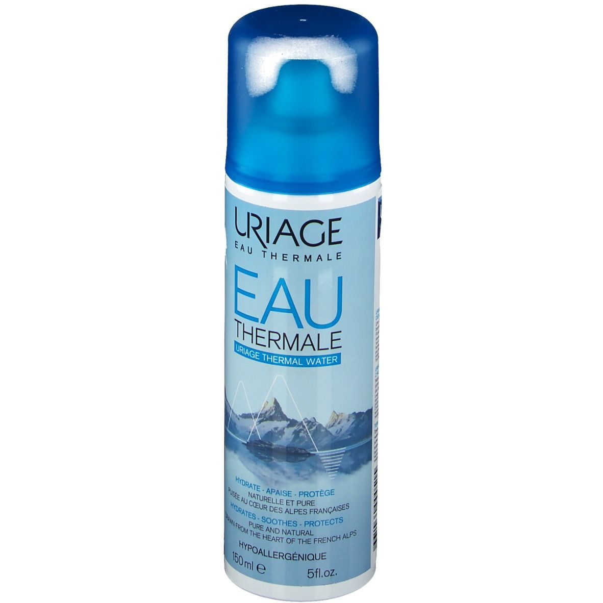 Uriage Eau Thermale Spray. Blaue Sprühflasche mit blauem Deckel. Produktname und Berge. 150ml.