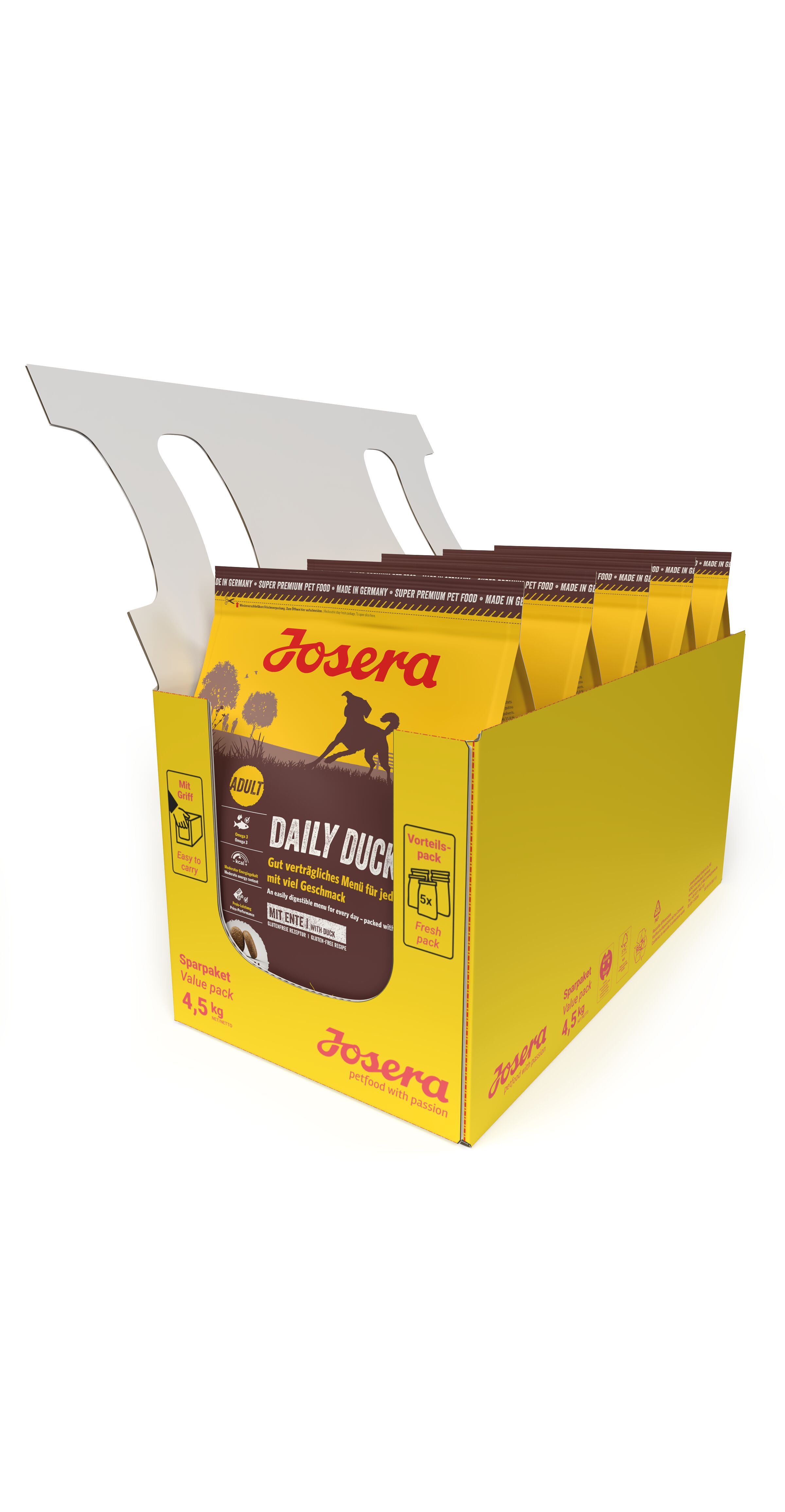 Gelbe Kartonverpackung mit mehreren "Josera DailyDuck" Tüten. Text: "Sparpaket".