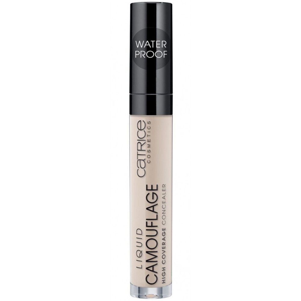 Flüssiger Concealer mit Applikator. Aufschrift: Catrice Cosmetics, Liquid Camouflage, High Coverage Concealer. Wasserfest.