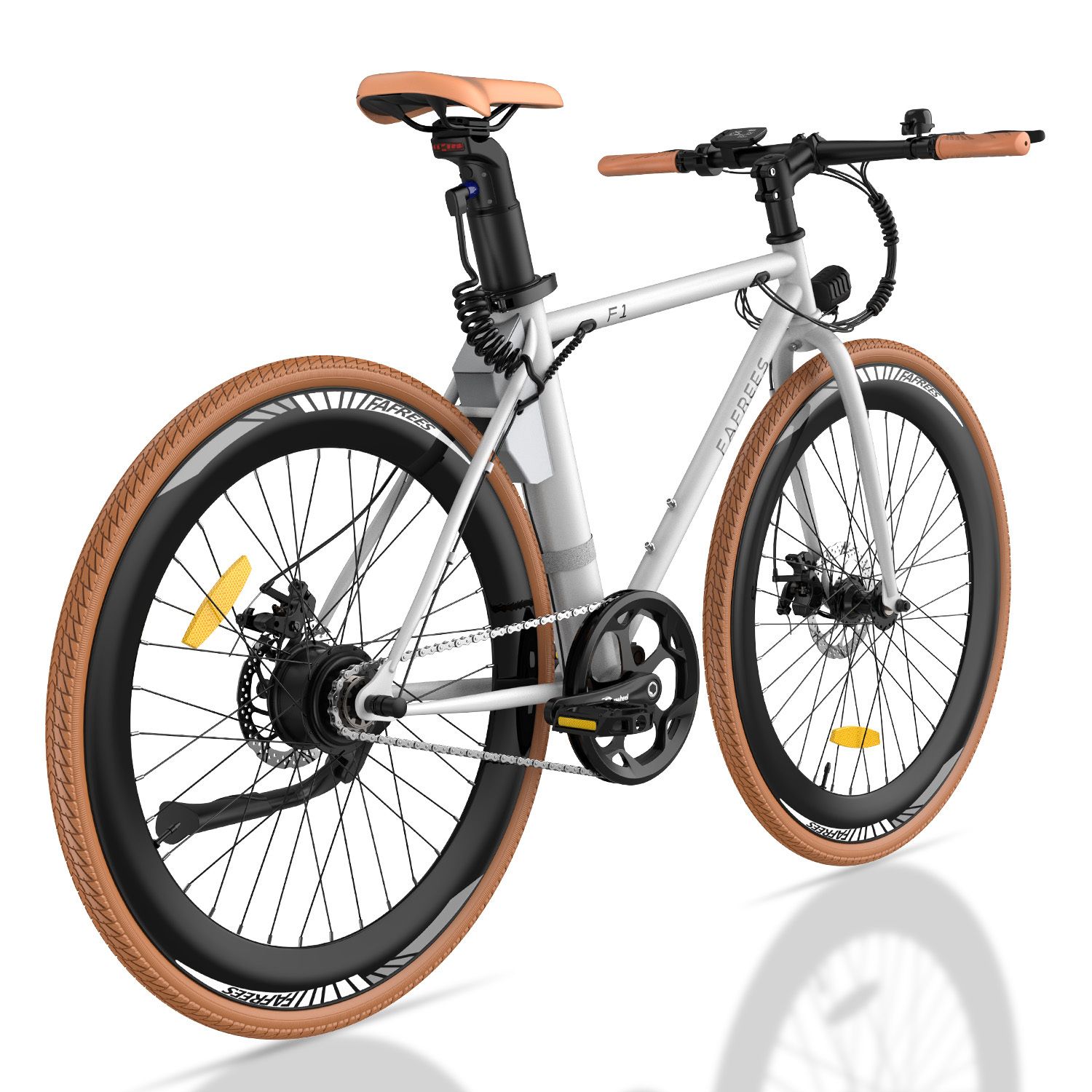 Fafrees F1 E-Bike, weiß, braune Reifen, brauner Sattel. Lenker und Sattel sind aus Leder. Das Fahrrad hat einen Elektromotor.