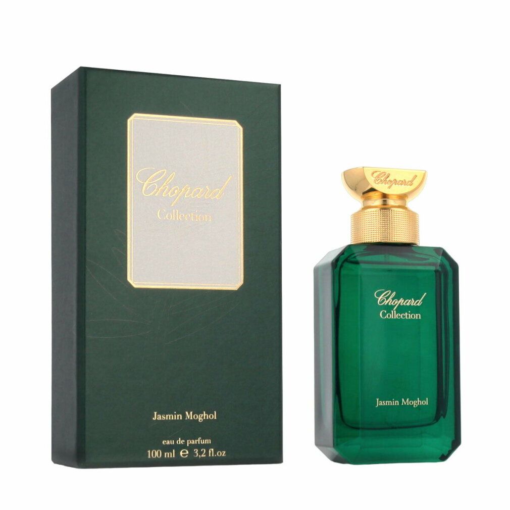 Grüner Flakon und Schachtel. Aufschrift: Chopard Collection Jasmin Moghol. 100 ml.