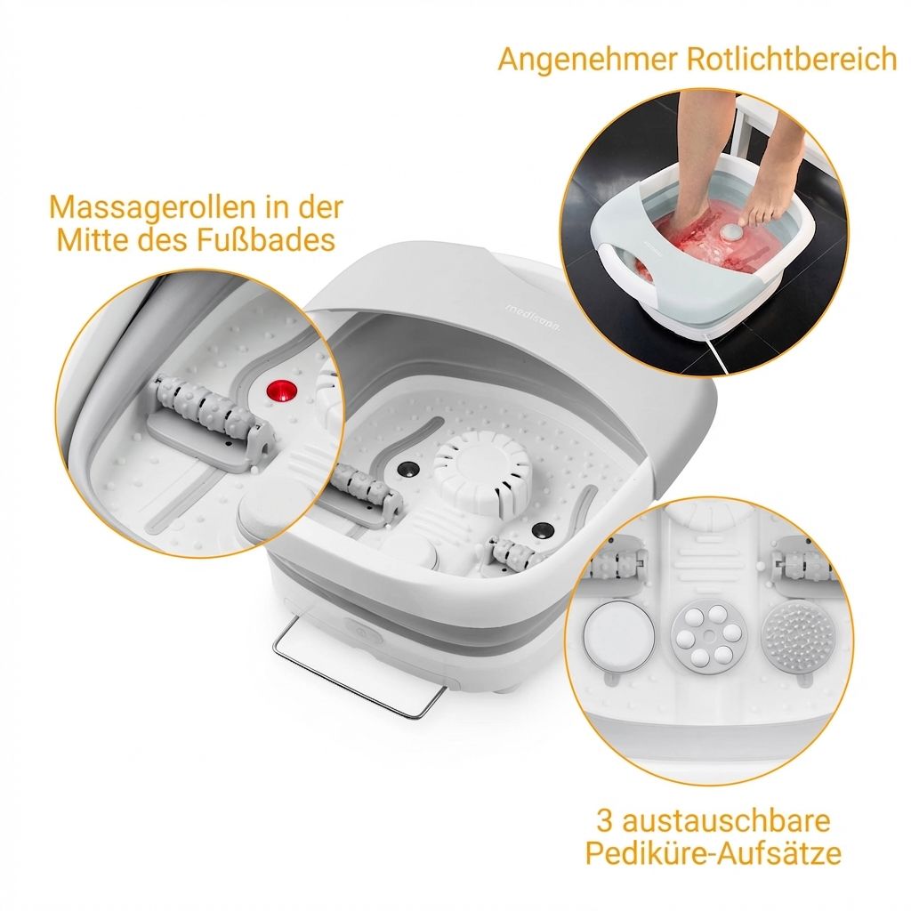 Detailansicht eines faltbaren Fußsprudelbads mit Massageaufsätzen.