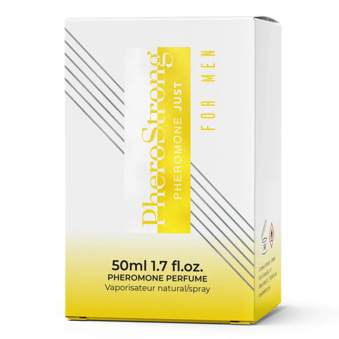 Verpackung für Parfüm. Weiß mit gelbem Text und diagonalen Linien. Enthält Text und Logos.