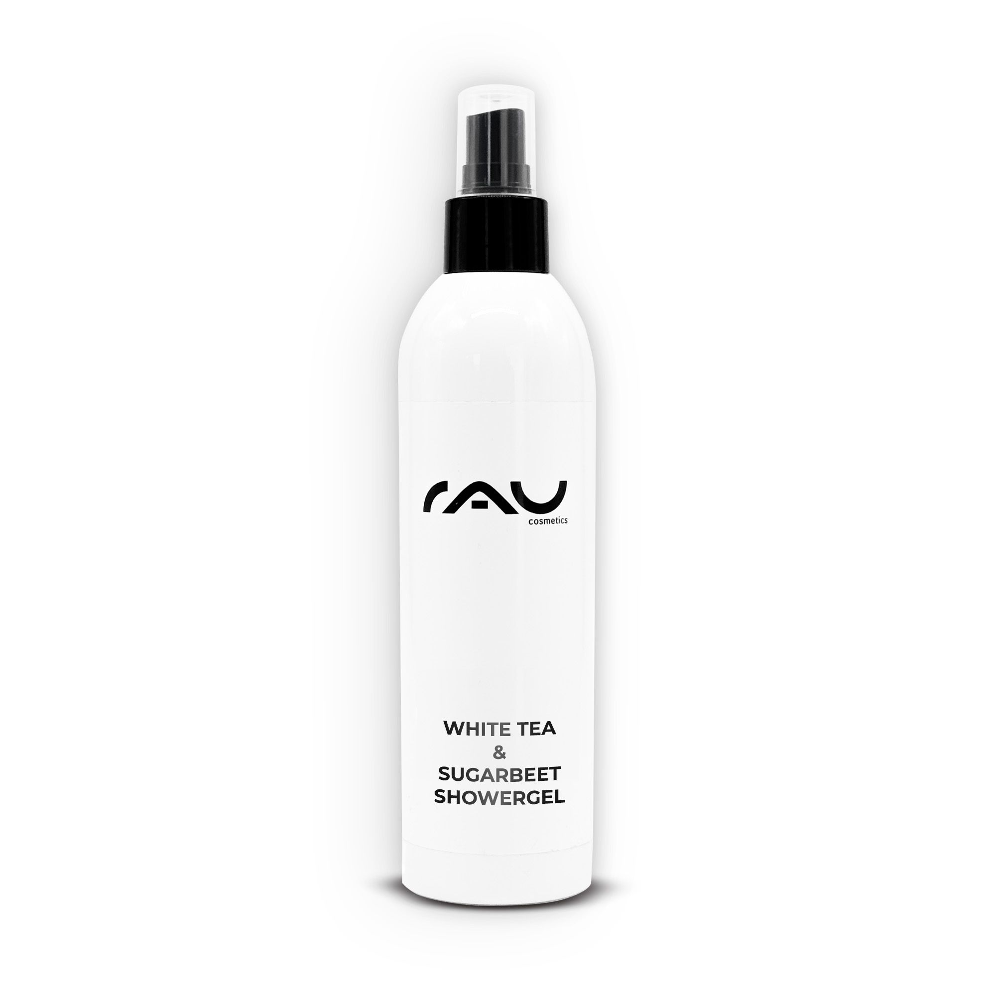 Weiße Flasche mit schwarzem Pumpkopf. Aufschrift: RAU Cosmetics, White Tea & Sugarbeet Showergel.
