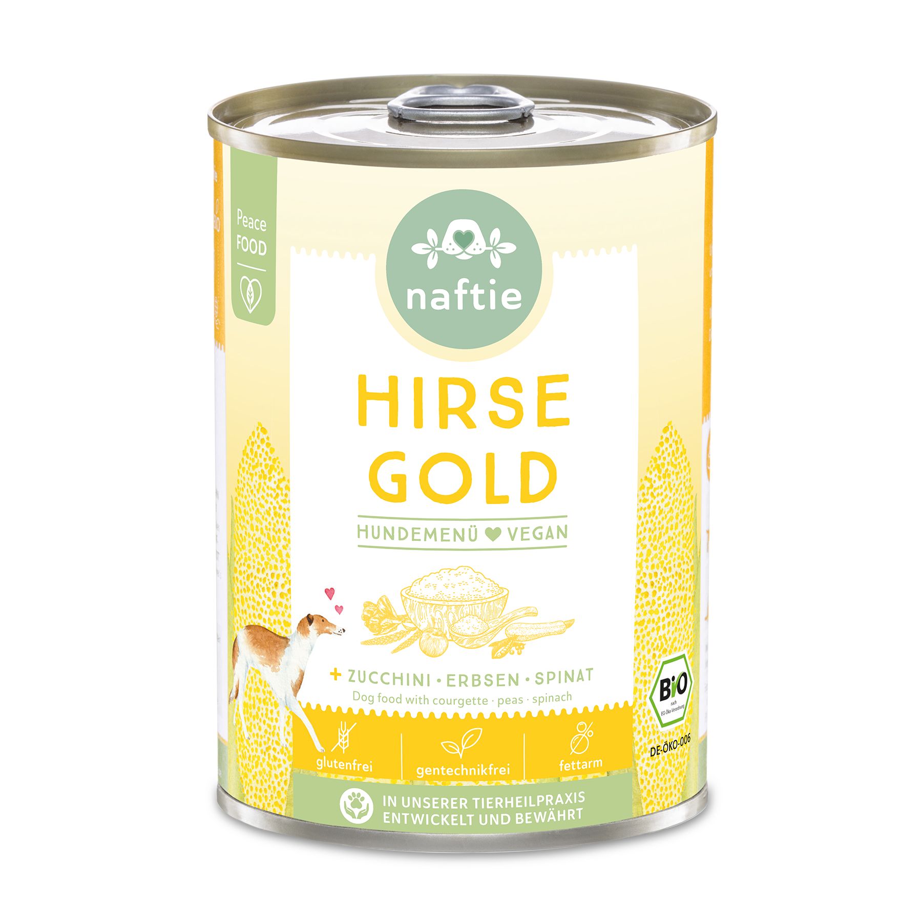 Eine Dose "naftie Hirse Gold" Hundefutter. Aufschrift "Hirse Gold", "Hundemenü Vegan" und Bio-Siegel. Gelber Hintergrund.