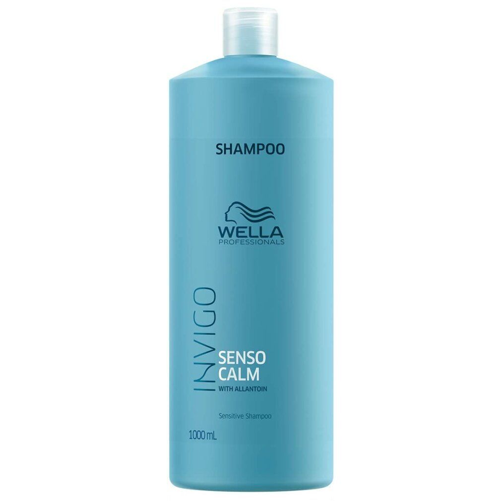 Hellblaues Shampoo mit weißem Deckel. Aufschrift: Shampoo, Wella Professionals, Invigo, Senso Calm, mit Allantoin. 1000 ml.